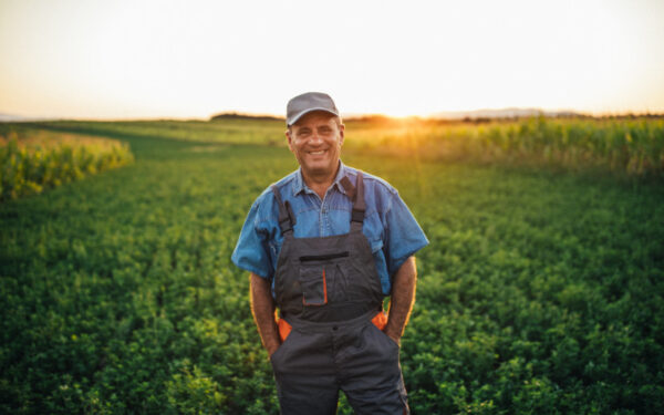 Farmer standing in field at sunset reflecting on mental health and stress in agriculture